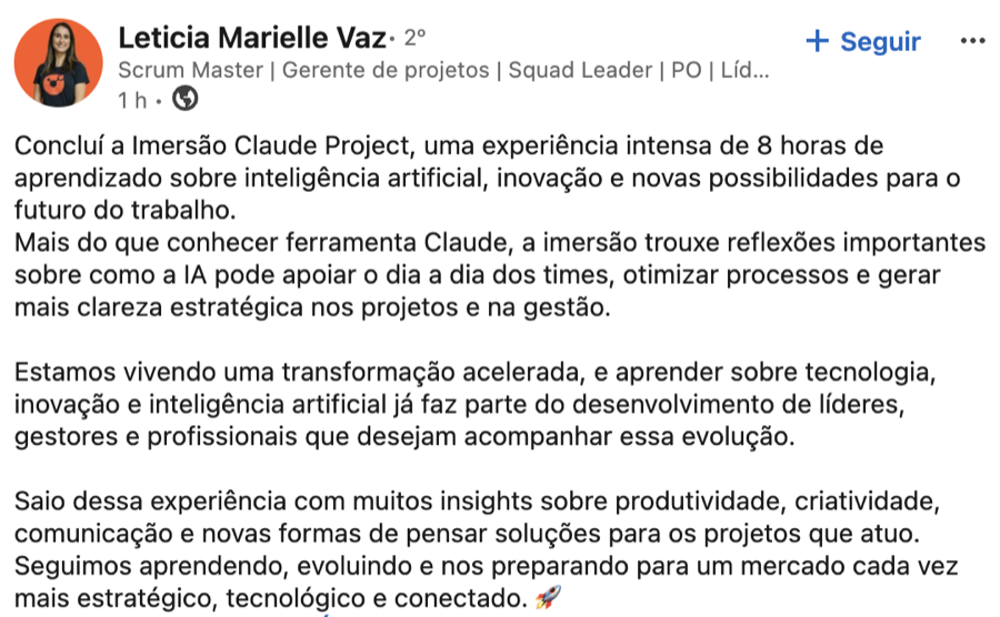 Depoimento de aluno da Imersão